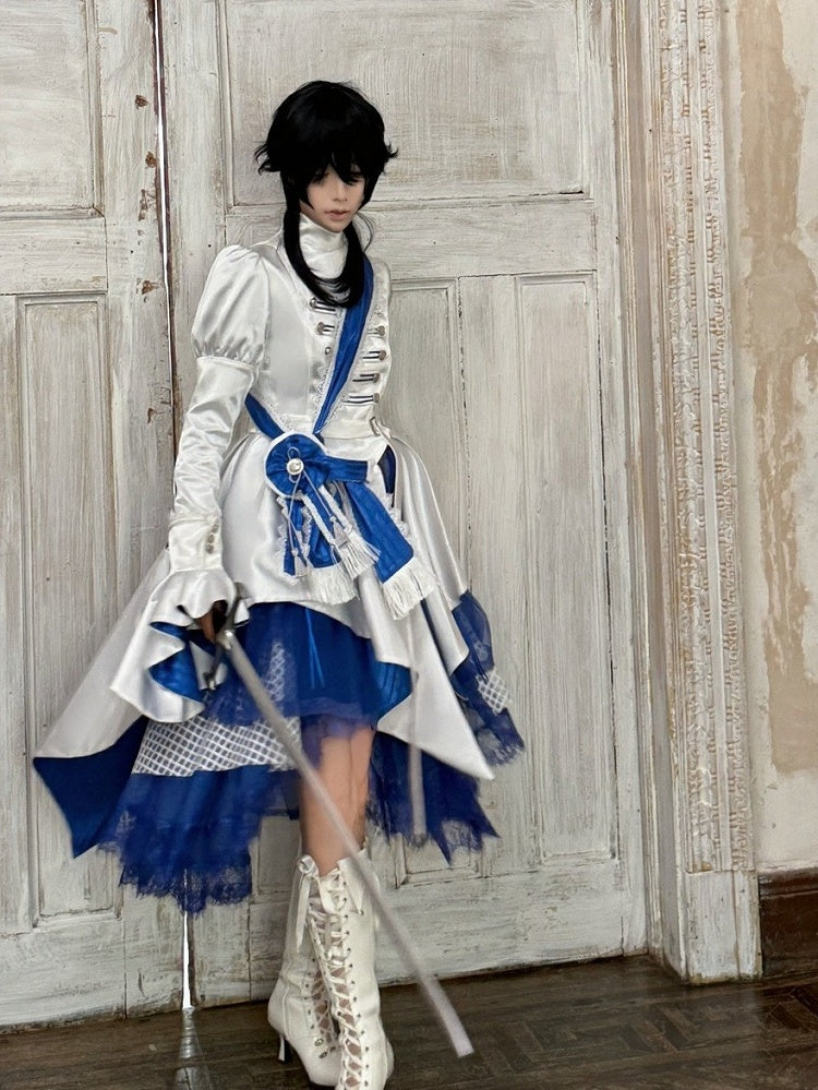 White & Blue Military Lolita Knight Top + Irregular Layered Skirt + Ribbon Set - THE 400BLOWS