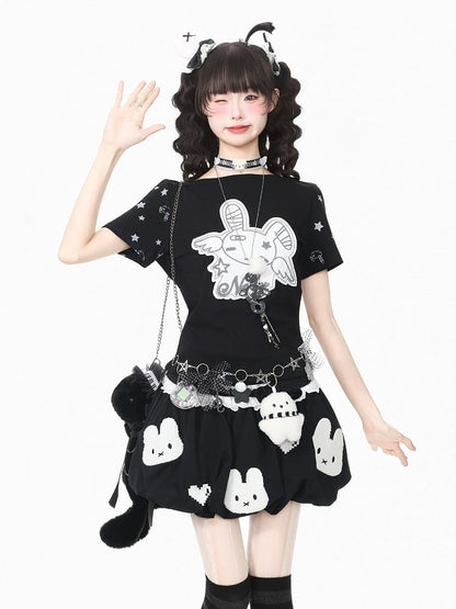 Otaku Style Black Star Tee with Bunny Patch
