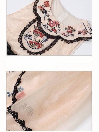 Han Lolita Sleeveless Dress with Floral Bird Print and Embroidery - Yimu Walnut