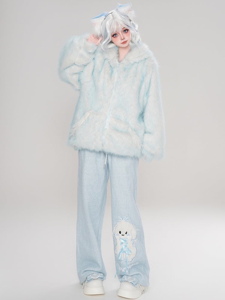 Blaue Winterjacke mit Kapuze und Reißverschluss im Design „Süßes Schneemonster“ aus Kunstpelz