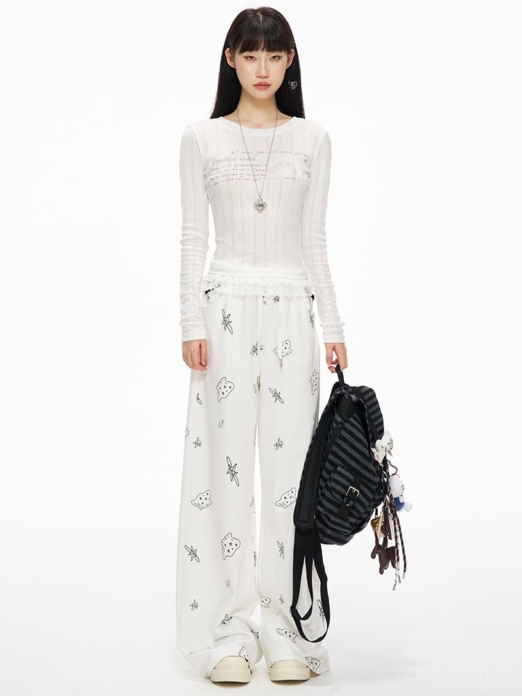 ホワイトレーストリムラウンドネックグラフィックTシャツ