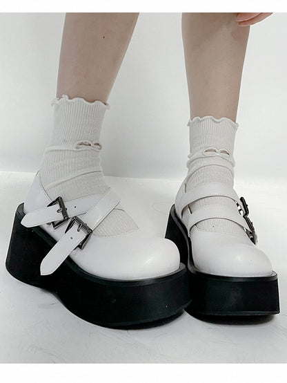 Sole Platform Double Mary Design - Janes White Buckle Black