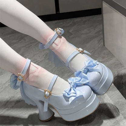 Decorative Platform Sky Bows Sweet Lolita Blue with in Round-Toe Mary Janes High-heel