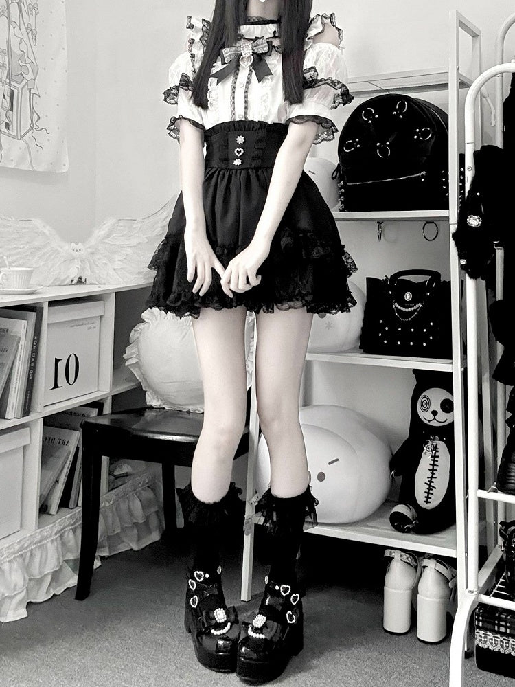 Black & White Jirai-kei Cutout Shoulder Short Sleeve Top with Rhinestone Bow and Lace - Virtual Paradise