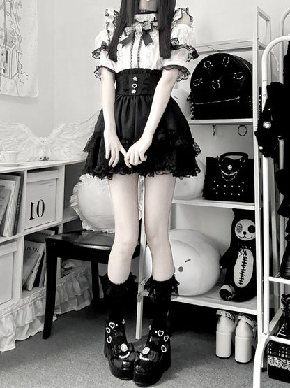 Black & White Jirai-kei Cutout Shoulder Short Sleeve Top with Rhinestone Bow and Lace - Virtual Paradise