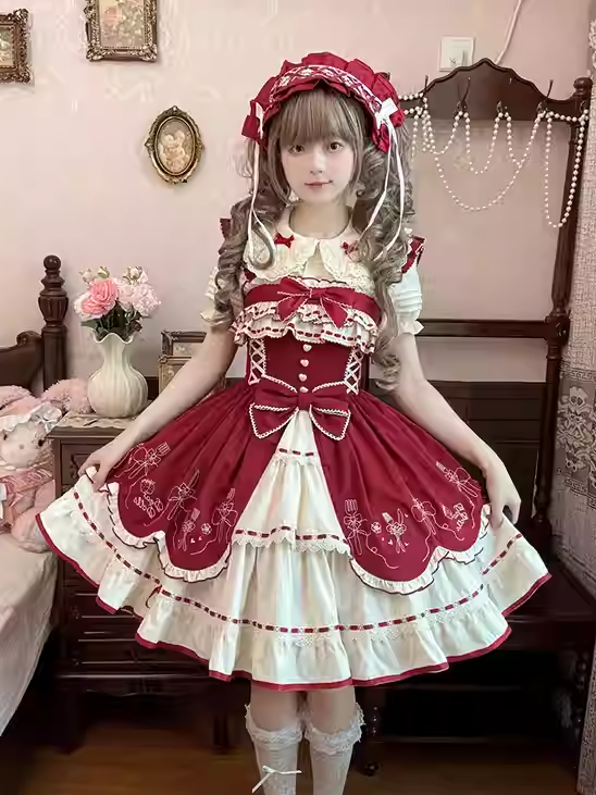 リボン結び ワインレッド ピーターパンカラー スイートベージュ フリル