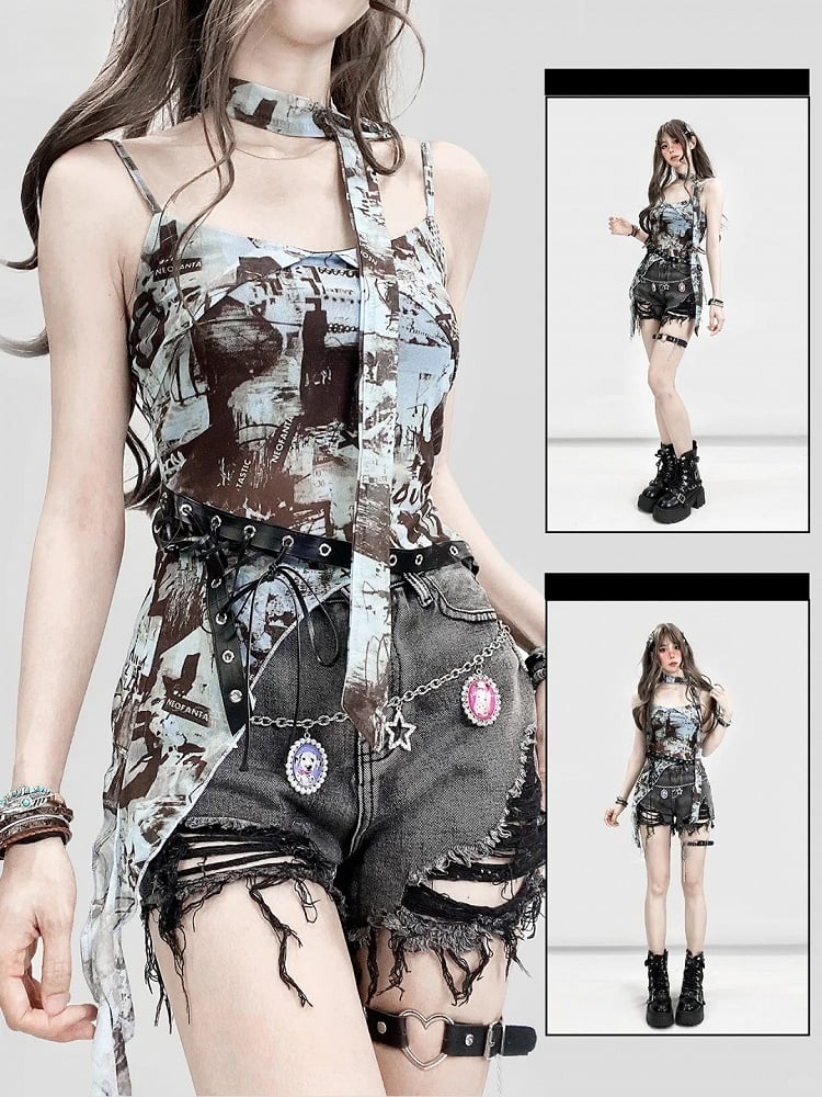 アシンメトリーキャミソールトップ ビタースウィートブルー レースアップディテール + ヘム