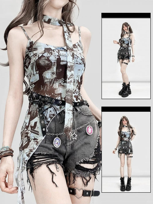 アシンメトリーキャミソールトップ ビタースウィートブルー レースアップディテール + ヘム