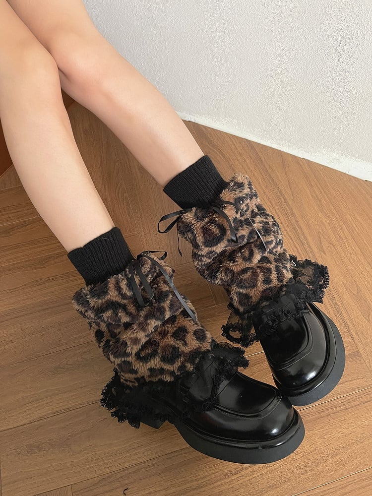 Leopard Warmers Flared Y2K Leg Print Lace Trim
