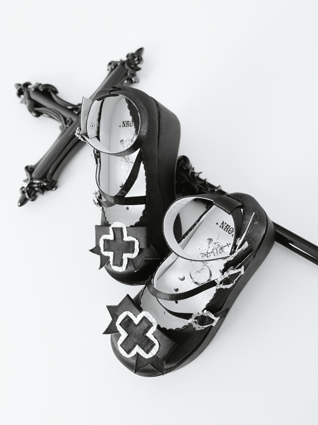 6cm Gothic Heel Straps Black Criss-cross Balletcore Satin Platform Buckle Shoes with