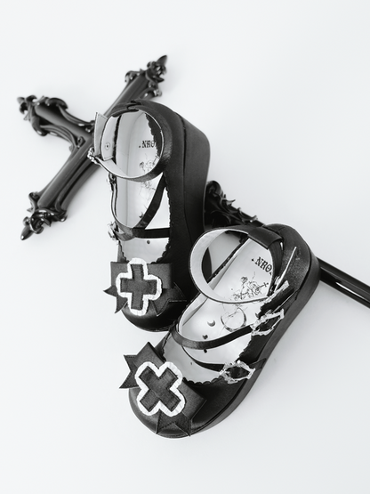 6cm Gothic Heel Straps Black Criss-cross Balletcore Satin Platform Buckle Shoes with