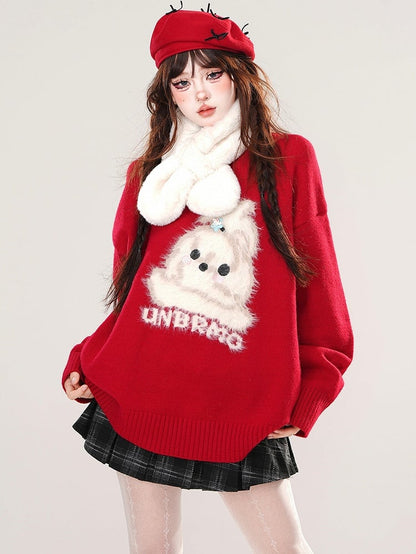 ミルクイエロー/ブラック/レッドのキュートな子犬柄のゆったりセーター