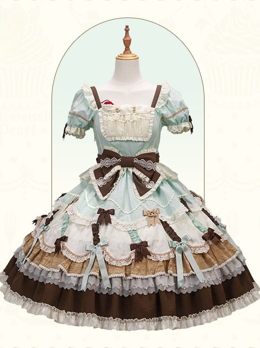 Neckline Bowknot Puff Dress Chocolate Sleeves Details Green Lolita Mint and Square Sweet