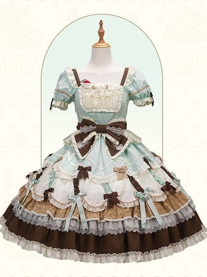 Neckline Bowknot Puff Dress Chocolate Sleeves Details Green Lolita Mint and Square Sweet