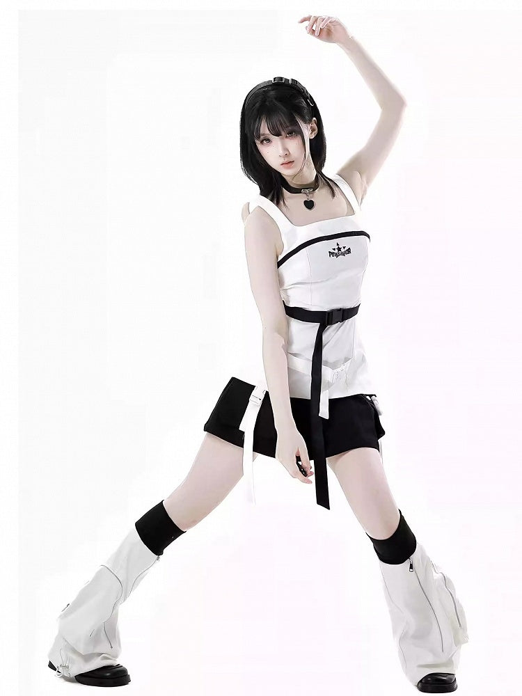 with Neck Techwear Tank Top Wasteland Snap White Square Belt Punk