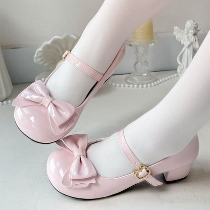 Round-toe Bow Pink - Buckle Sweet Mary with Mid Jane 4.5cm Shoes Closure Cat Lolita Heel