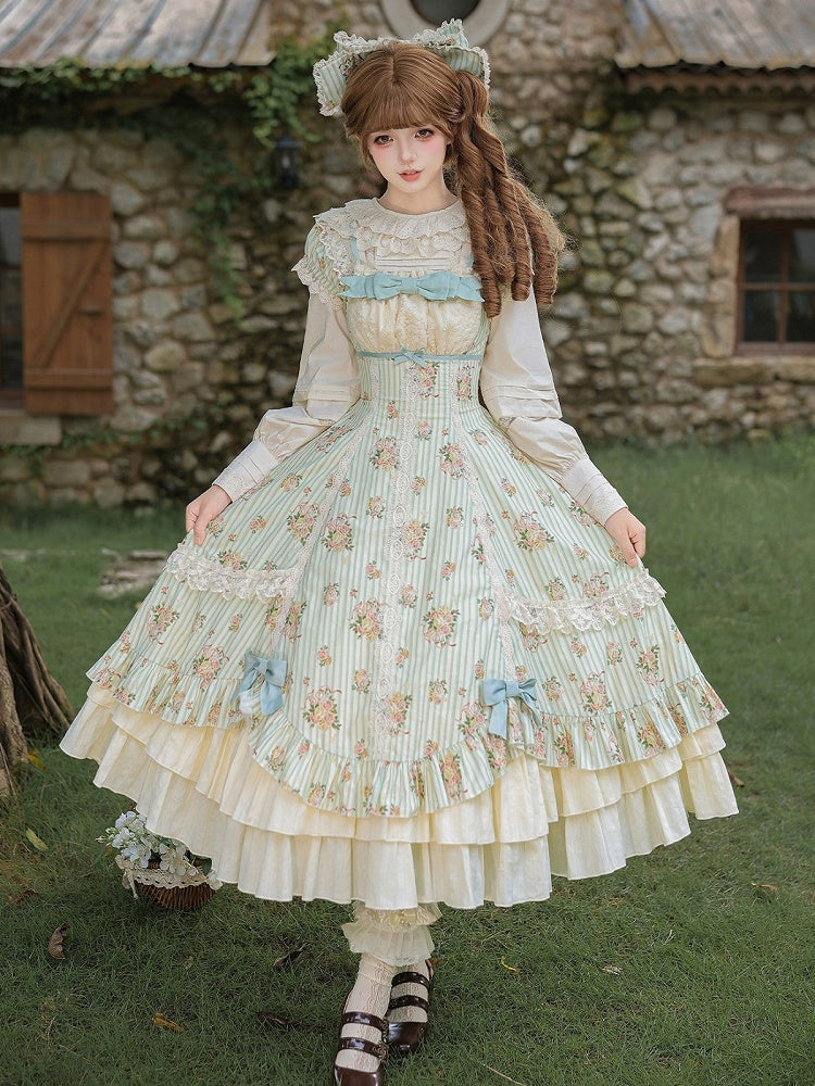 Green Striped Floral One-Piece Gown with Hair Bow & Choker - With PUJI