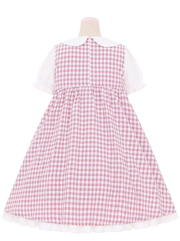 Robe à carreaux rose fraise à col Peter Pan et manches courtes bouffantes