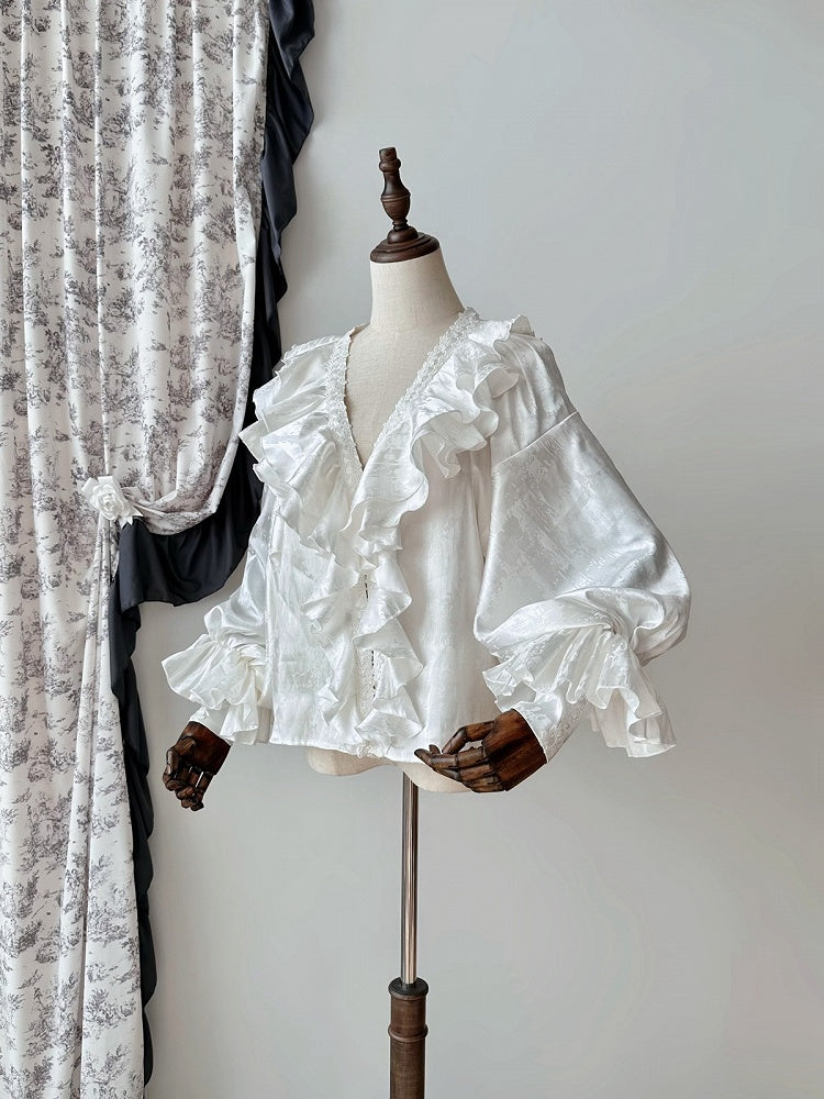 Lange Rüschenärmel V-Ausschnitt Shirt Gothic Weiß Strukturiert Lolita