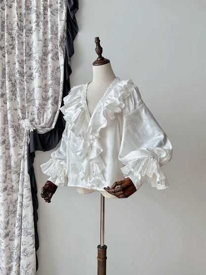 Long Ruffles Structured Lolita Shirt Sleeves V-neck White Gothic