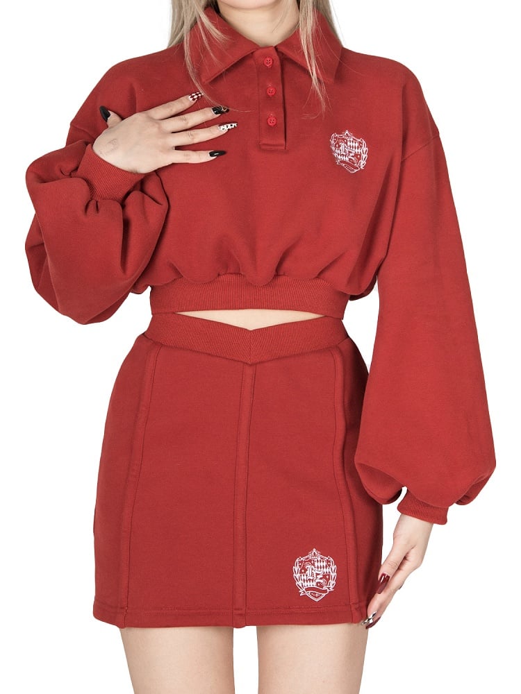 Vintage Preppy Red Polo Collar Crop Sweatshirt with Embroidered Badge / High Waist Skirt