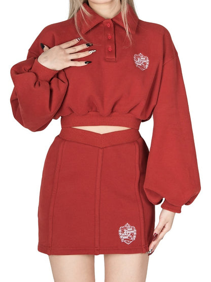 Vintage Preppy Red Polo Collar Crop Sweatshirt with Embroidered Badge / High Waist Skirt