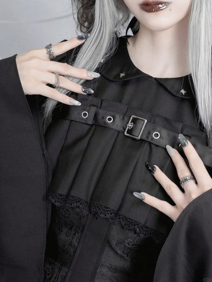 Black Gothic Lolita Bell Sleeve Dress with Lace and Metal Buckle Accents - Kuroya
