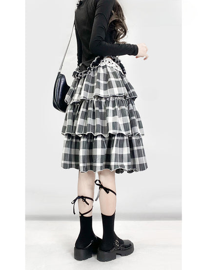 Y2K ブラック＆ホワイト チェック柄 ハイウエスト 膝丈 グラマラス ティアードスカート