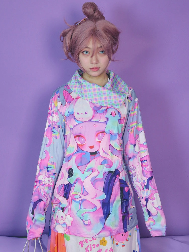 Cartoon Print Neck Top Turtle Oversized Colorful Pattern Long Plaid Sleeves Y2K