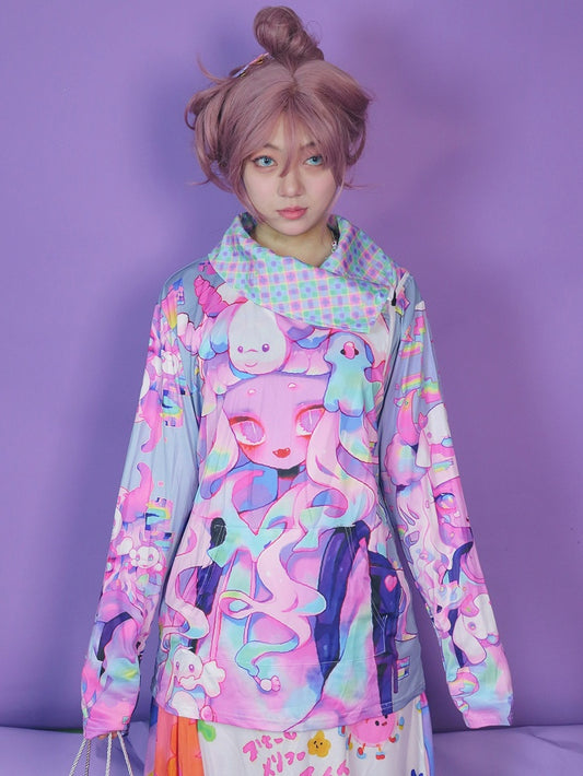 Cartoon Print Neck Top Turtle Oversized Colorful Pattern Long Plaid Sleeves Y2K