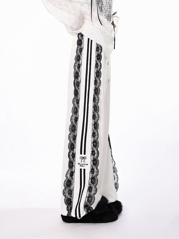 Embroidery White/Black/Blue with Lace Wide-Leg and Bow Pants Trim