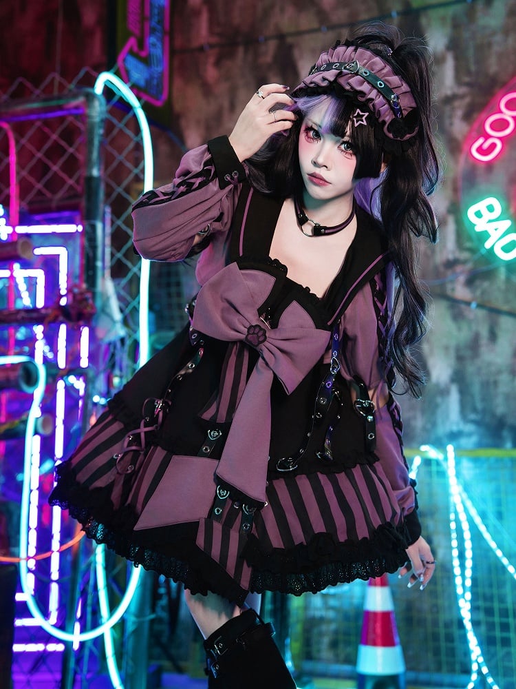 Kitty Gothic Striped + JSK Top Bow and Dress Pattern Ears Black Sailor Collar Lolita Big Purple Cropped
