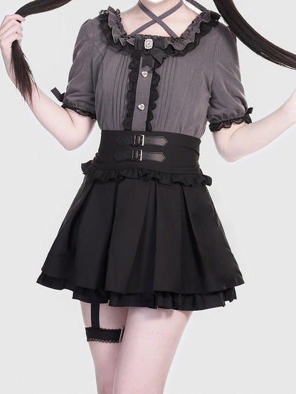 Garter Black Detail Tiered Buckle Strap Skirt Jirai Box Double with Pleat Kei