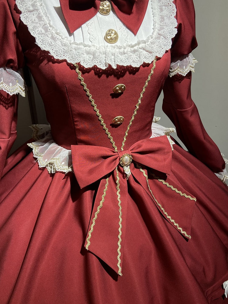 New Dress / Hem with Red Christmas Year Sleeves Lolita Pearl-Chain Bow Accents Long