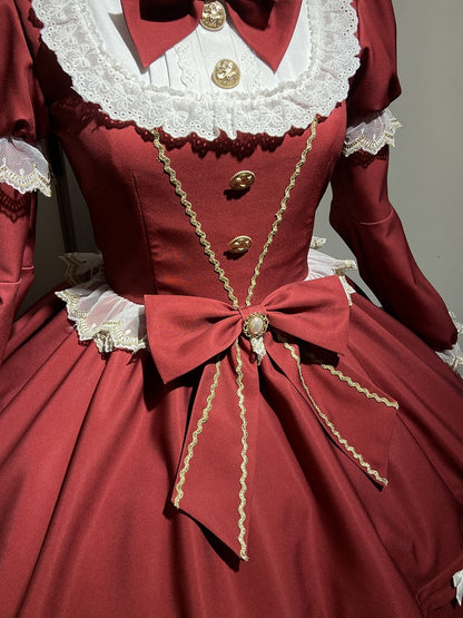 New Dress / Hem with Red Christmas Year Sleeves Lolita Pearl-Chain Bow Accents Long