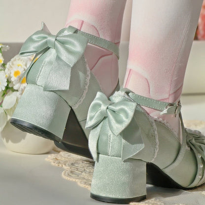 Elegant Green with Heart Snap Mid Detailing Closures Satin Light Heels Bow Lace Lolita in