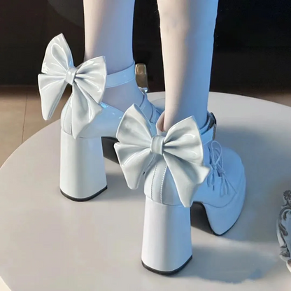 Lolita Bow Block-Heel Mary Jane Platform Shoes – Japanese Soft Girl Style