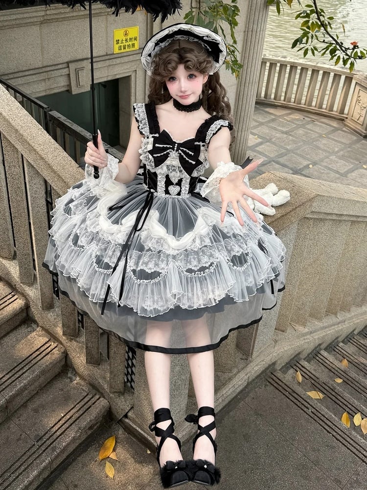 Decorated Lolita JSK with Bow Train and Overlay - Ling Yue You Xin