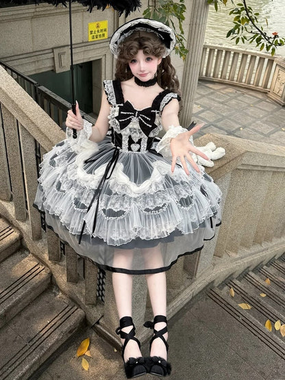 Decorated Lolita JSK with Bow Train and Overlay - Ling Yue You Xin