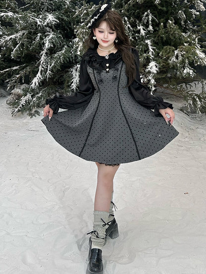 Plus Size Grey Bow Accents High Waist Polka-dot Pattern Dress