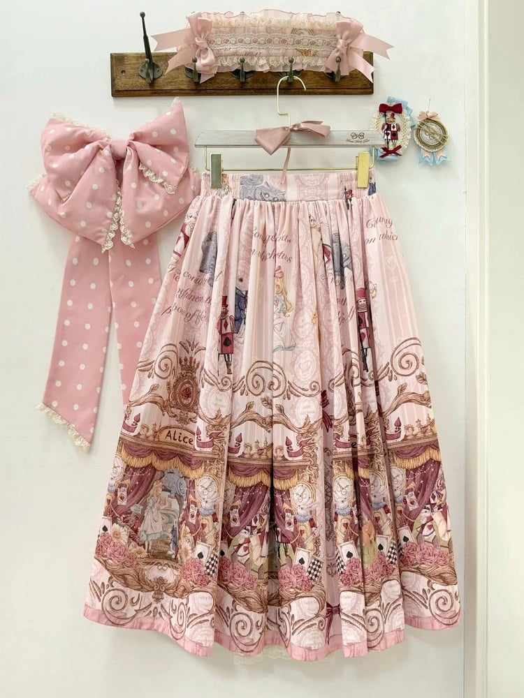 Rose Alice in Wonderland Theme Print Sweet Skirt with Back Layered Ruffle - Forest Fairy Tales