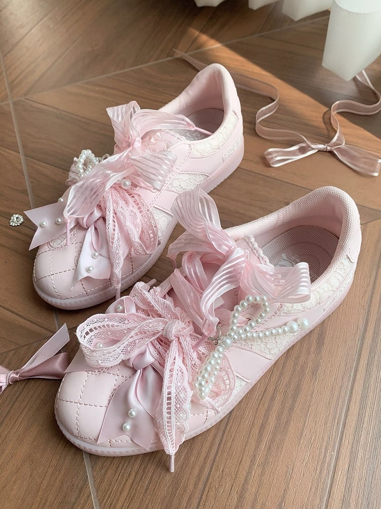 Schnür-Sneakers mit Schleife vorne, rosa Oberteil mit Perlen-Spitzenbändern