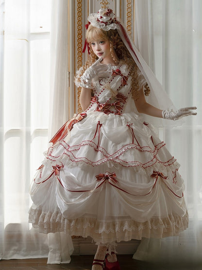 Decorated Lolita White Bowknots Sash Red