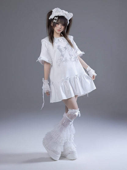 Peter Pan Collar Short Sleeve T-Shirt Dress with Print & Bows - Fluffy Heart