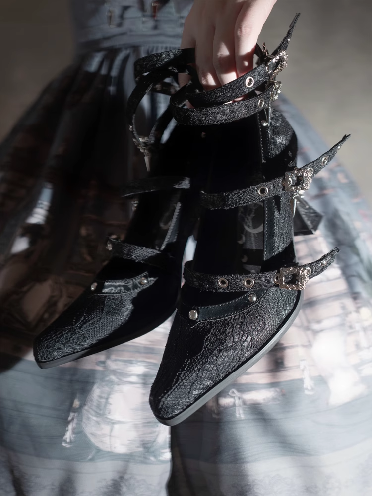 Gothic Black Pointed Toe  Lace 8.5cm High Heels Multiple Buckle Straps
