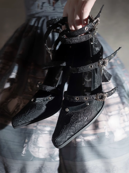 Gothic Black Pointed Toe  Lace 8.5cm High Heels Multiple Buckle Straps