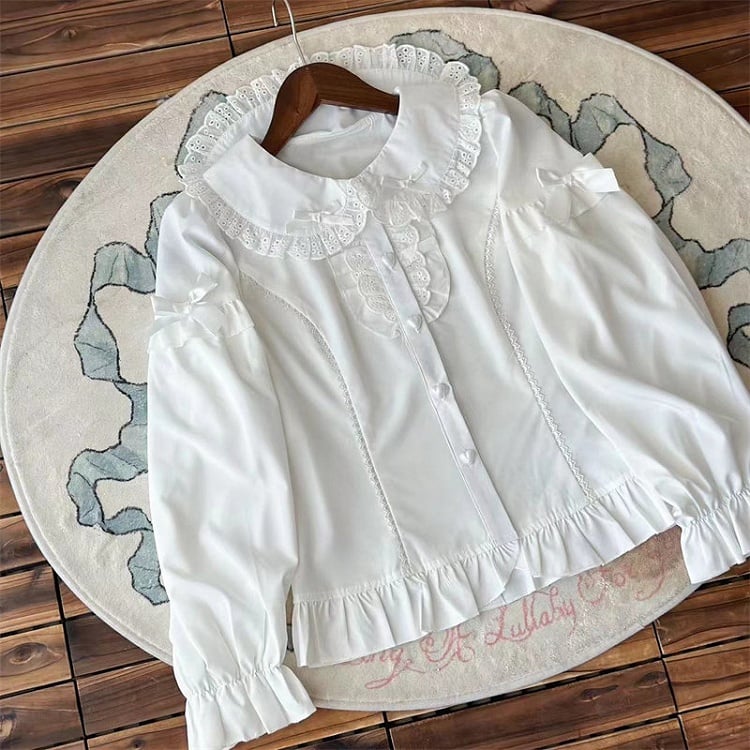 Ruffled White with Long-Sleeve Bow Decorations Blouse