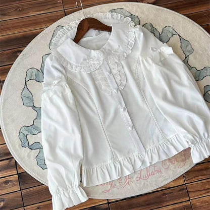 Ruffled White with Long-Sleeve Bow Decorations Blouse