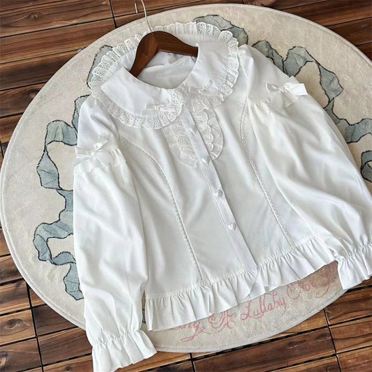 Ruffled White with Long-Sleeve Bow Decorations Blouse