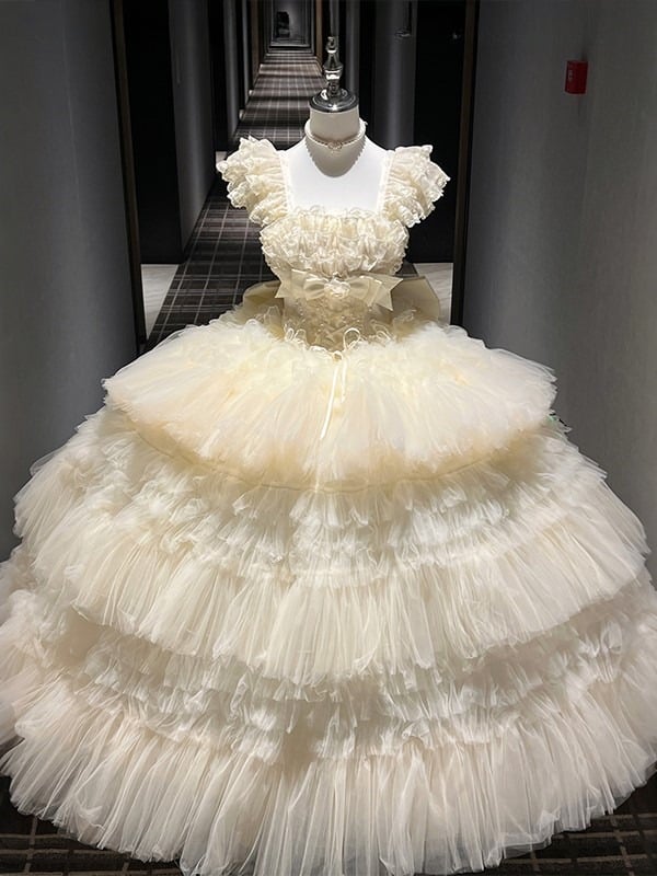 Ruffled Bow Accent with Details Layered Lolita and Tulle Hime White Dress
